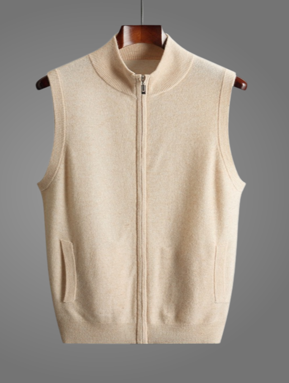 Men's Wool Zipper Vest Winter Turtle Neck Sleeveless Cardigan