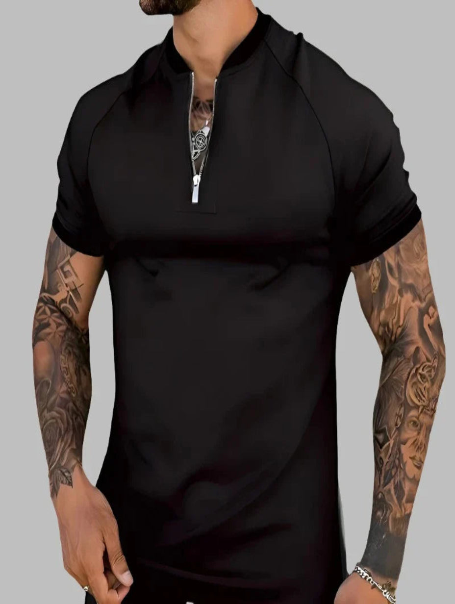 Men's Short Sleeve Zipper Polo Shirt - Casual Vintage Style