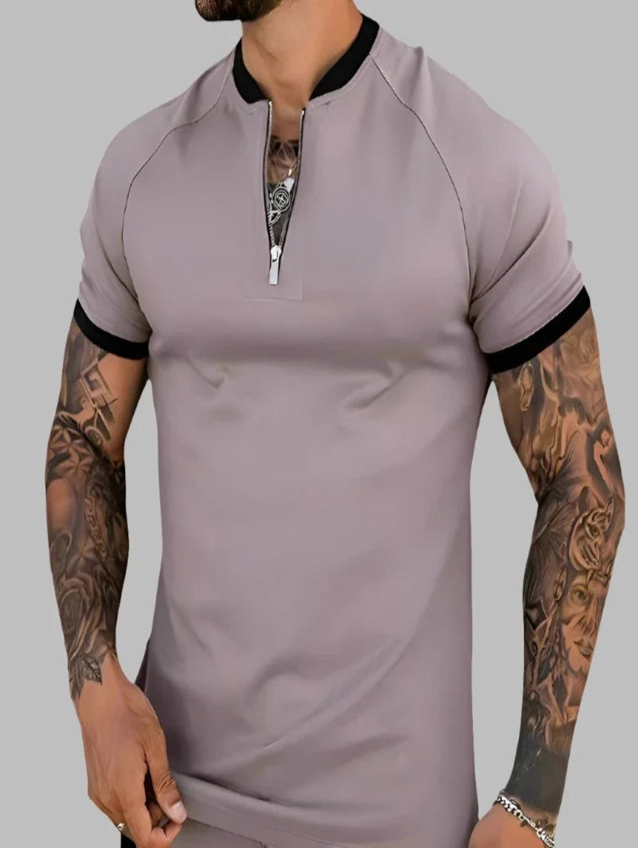 Men's Short Sleeve Zipper Polo Shirt - Casual Vintage Style