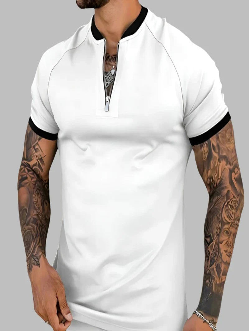 Men's Short Sleeve Zipper Polo Shirt - Casual Vintage Style