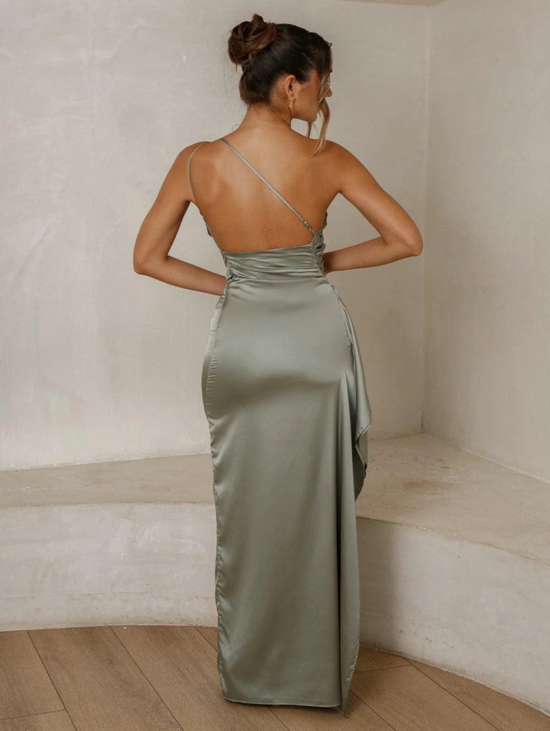 LUXEVERA™ One-Shoulder Satin Slit Gown