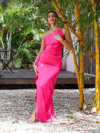 LUXEVERA™ One-Shoulder Satin Slit Gown
