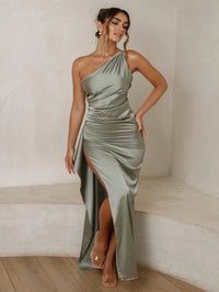 LUXEVERA™ One-Shoulder Satin Slit Gown